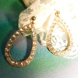 VTG Contempo pierced hoop earrings large oval drop and dangle rhinestone glam